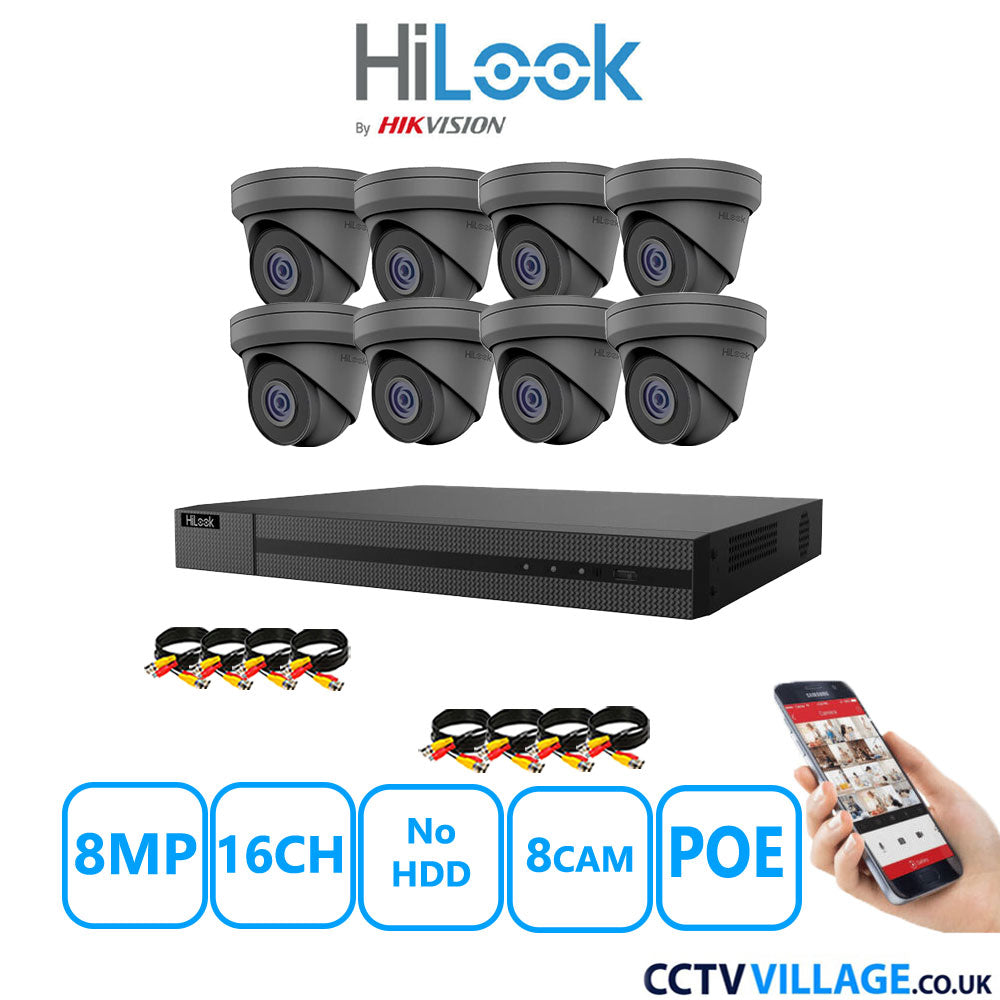 HiLook 8MP CCTV Kit 16 Channel NVR-216MH-C/16P with 8x Turret Cameras IPC-T280H-MUF Grey NO HDD Full Kit