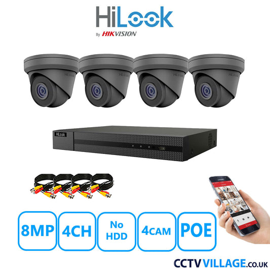 HiLook 8MP CCTV Kit 4 Channel NVR-104MH-C/4P with 4x Turret Cameras IPC-T280H-MUF Grey No HDD Full Kit