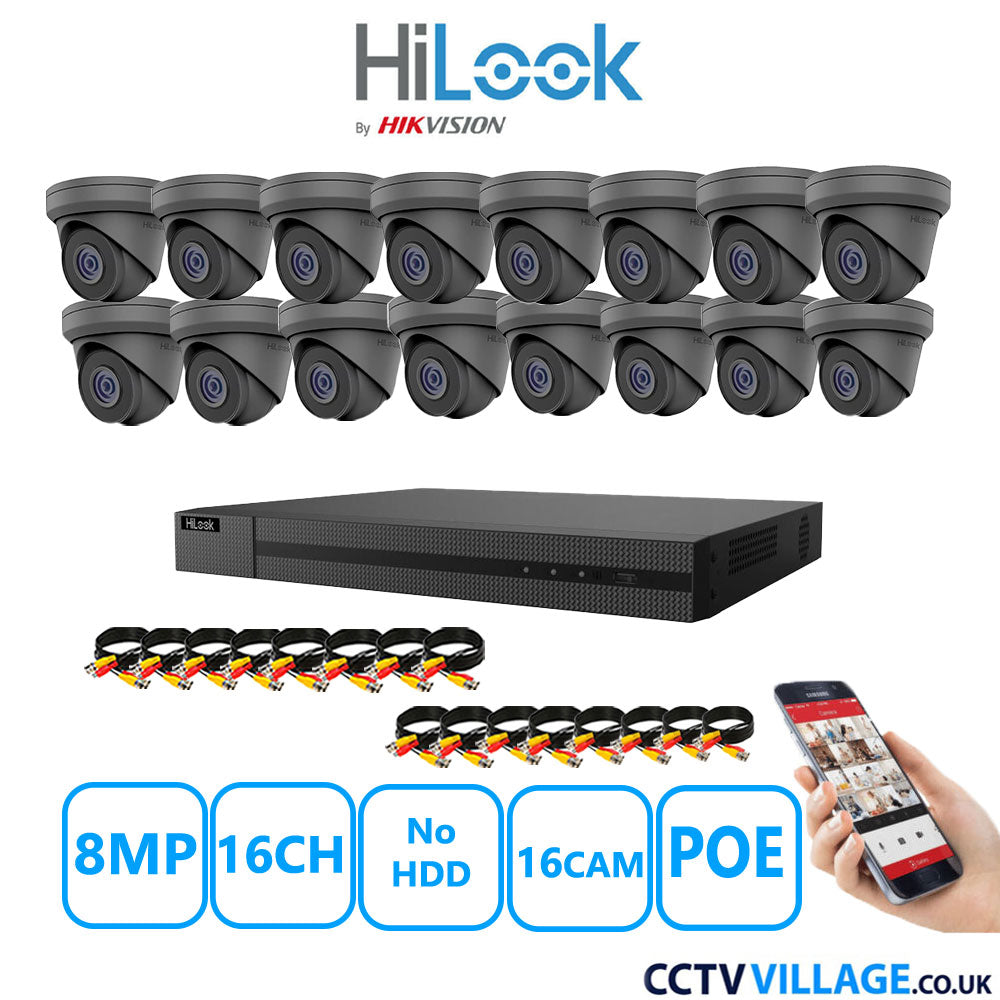 HiLook 8MP CCTV Kit 16 Channel NVR-216MH-C/16P with 16x Turret Cameras IPC-T280H-MUF Grey NO HDD Full Kit