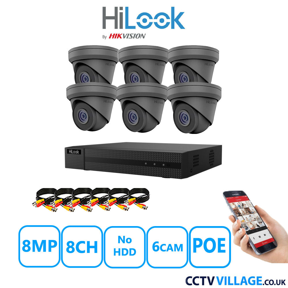 HiLook 8MP CCTV Kit 8 Channel NVR-108MH-C/8P with 6x Turret Cameras IPC-T280H-MUF Grey No HDD Full Kit