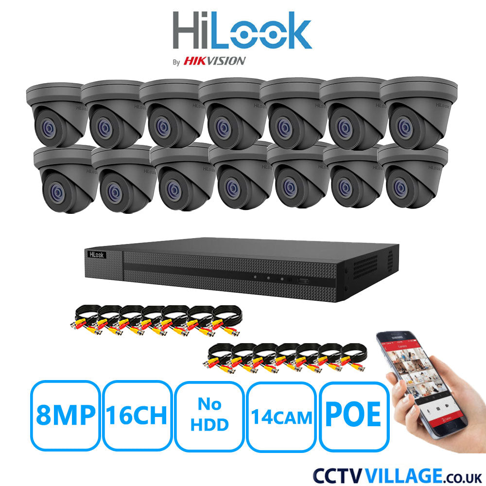 HiLook 8MP CCTV Kit 16 Channel NVR-216MH-C/16P with 14x Turret Cameras IPC-T280H-MUF Grey NO HDD Full Kit