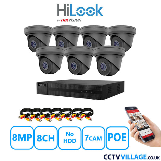 HiLook 8MP CCTV Kit 8 Channel NVR-108MH-C/8P with 7x Turret Cameras IPC-T280H-MUF Grey No HDD Full Kit