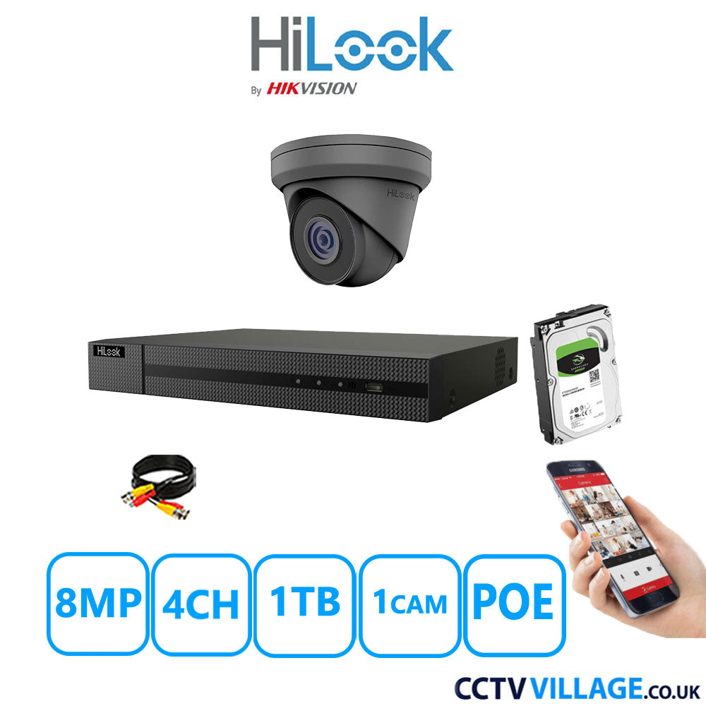 HiLook 8MP CCTV Kit 4 Channel NVR-104MH-C/4P with 1x Turret Camera IPC-T280H-MUF Grey 1TB HDD Full Kit