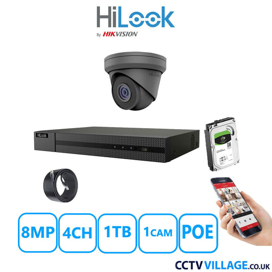 HiLook 8MP IP CCTV System 4 Channel NVR-104MH-C/4P with 1x Turret Camera IPC-T280H-MUF Grey 1TB HDD Full Kit