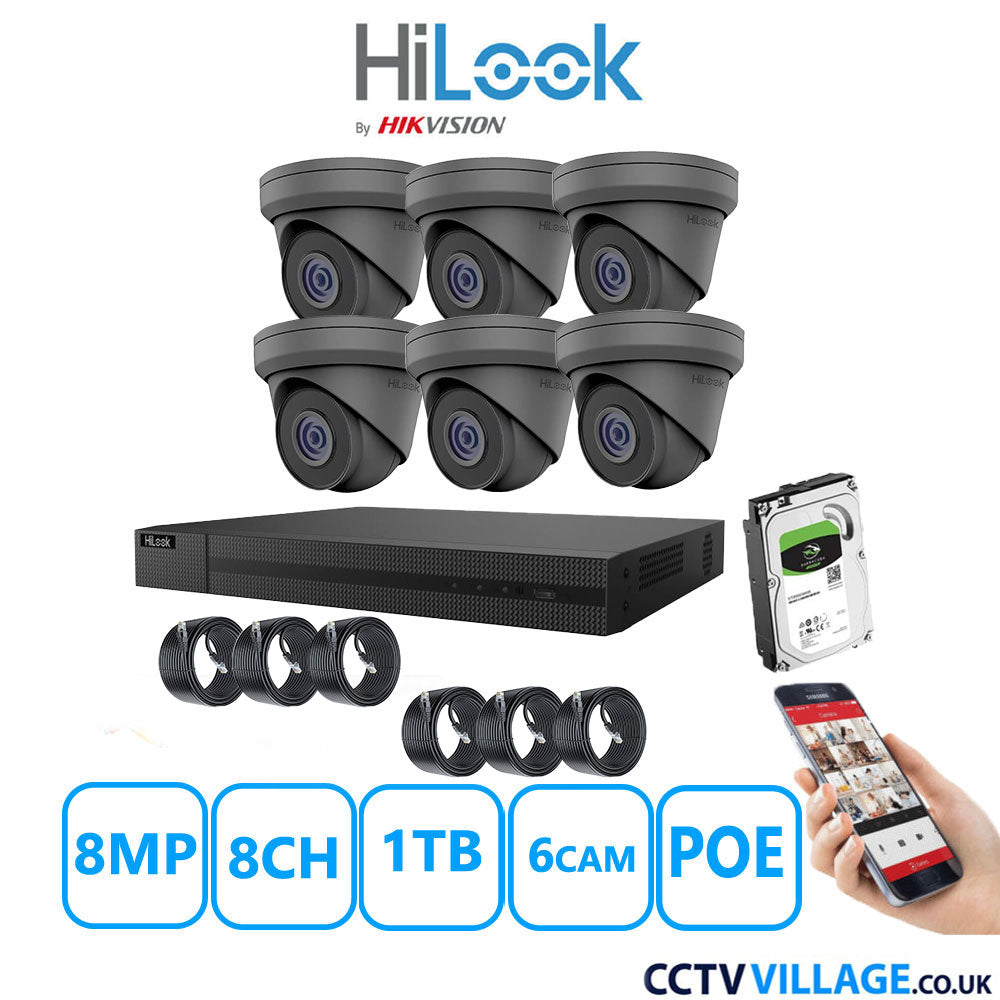 HiLook 8MP IP CCTV System 8 Channel NVR-208MH-C/8P with 6x Turret Cameras IPC-T280H-MUF Grey 1TB HDD Full Kit