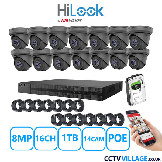 HiLook 8MP IP CCTV System 16 Channel NVR-216MH-C/16P with 14x Turret Cameras IPC-T280H-MU Grey 1TB HDD Full Kit