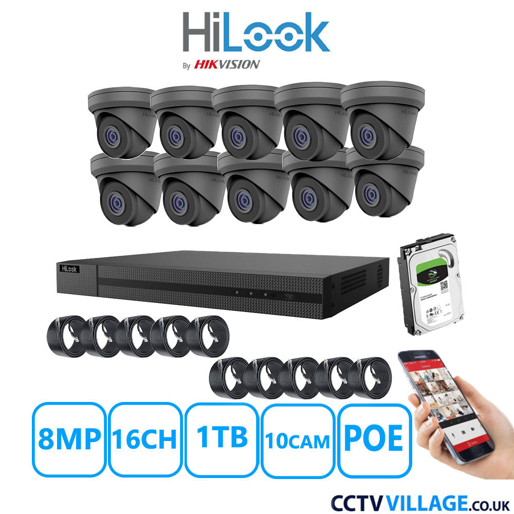 HiLook 8MP IP CCTV System 16 Channel NVR-216MH-C/16P with 10x Turret Cameras IPC-T280H-MUF Grey 1TB HDD Full Kit