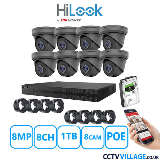 HiLook 8MP IP CCTV System 8 Channel NVR-208MH-C/8P with 8x Turret Cameras IPC-T280H-MUF Grey 1TB HDD Full Kit