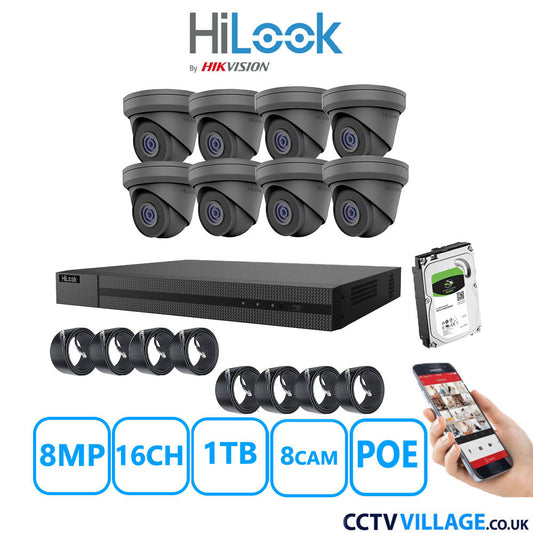 HiLook 8MP IP CCTV System 16 Channel NVR-216MH-C/16P  with 8x Turret Cameras IPC-T280H-MUF Grey 1TB HDD Full Kit