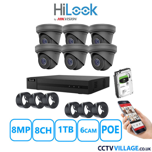 HiLook 8MP IP CCTV System 8 Channel NVR-108MH-C/8P with 6x Turret Cameras IPC-T280H-MUF Grey 1TB HDD Full Kit