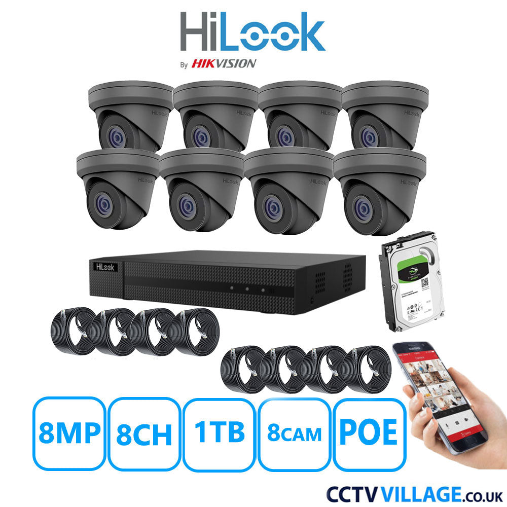 HiLook 8MP IP CCTV System 8 Channel NVR-108MH-C/8P with 8x Turret Cameras IPC-T280H-MUF Grey 1TB HDD Full Kit