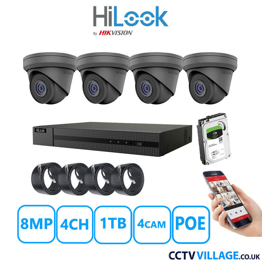 HiLook 8MP IP CCTV System 4 Channel NVR-104MH-C/4P with 4x Turret Cameras IPC-T280H-MUF Grey 1TB HDD Full Kit