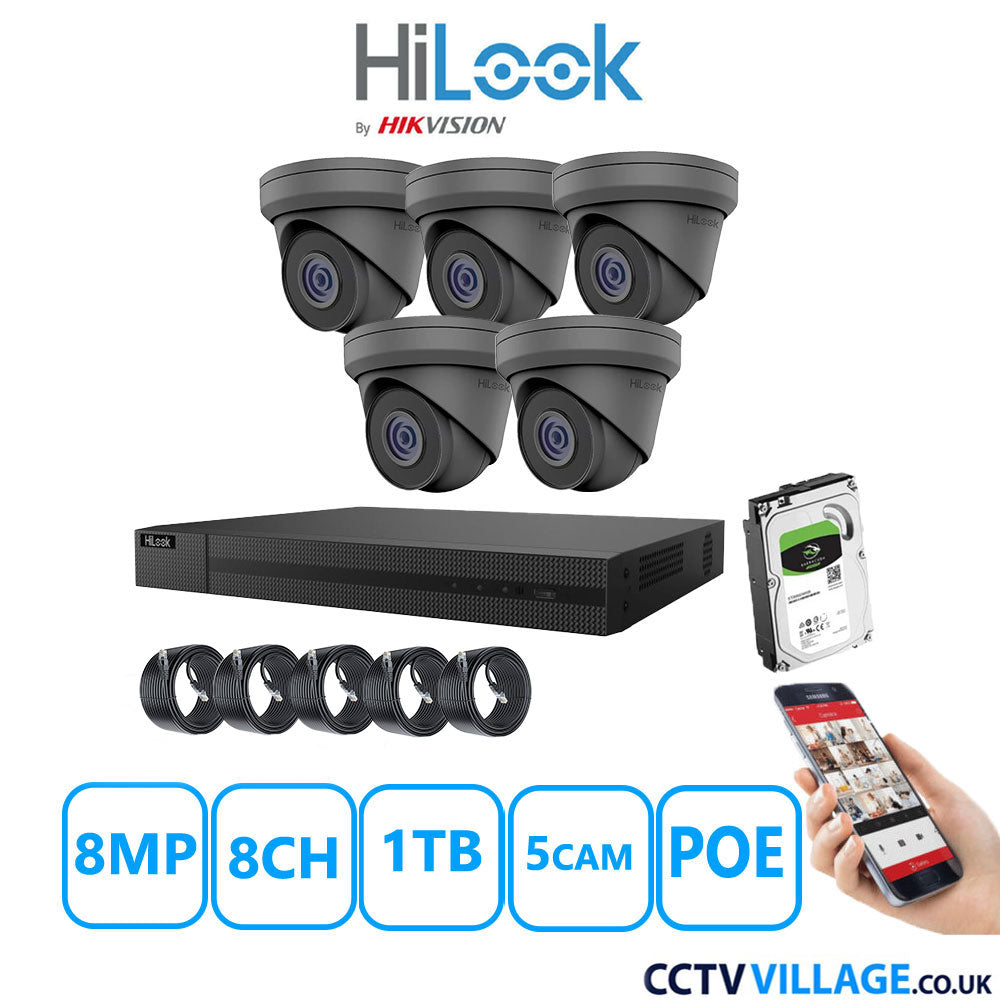 HiLook 8MP IP CCTV System 8 Channel NVR-208MH-C/8P with 5x Turret Cameras IPC-T280H-MUF Grey 1TB HDD Full Kit