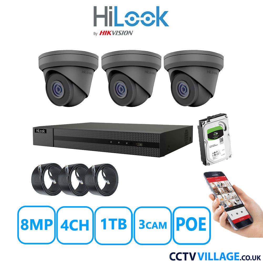 HiLook 8MP IP CCTV System 4 Channel NVR-104MH-C/4P with 3x Turret Cameras IPC-T280H-MUF Grey 1TB HDD Full Kit