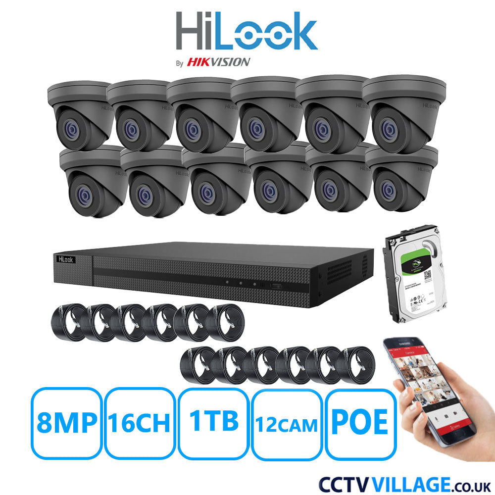 HiLook 8MP IP CCTV System 16 Channel NVR-216MH-C/16P with 12x Turret Cameras IPC-T280H-MUF Grey 1TB HDD Full Kit