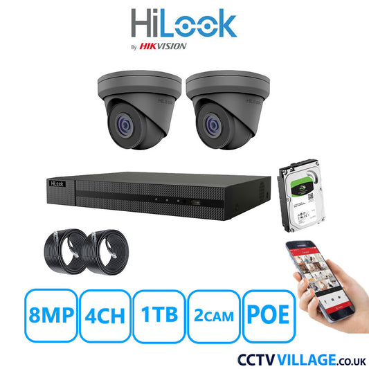 HiLook 8MP IP CCTV System 4 Channel NVR-104MH-C/4P with 2x Turret Cameras IPC-T280H-MUF Grey 1TB HDD Full Kit