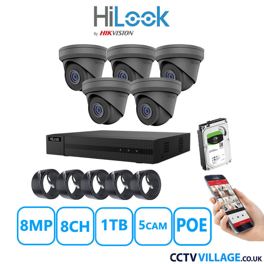 HiLook 8MP IP CCTV System 8 Channel NVR-108MH-C/8P with 5x Turret Cameras IPC-T280H-MUF Grey 1TB HDD Full Kit