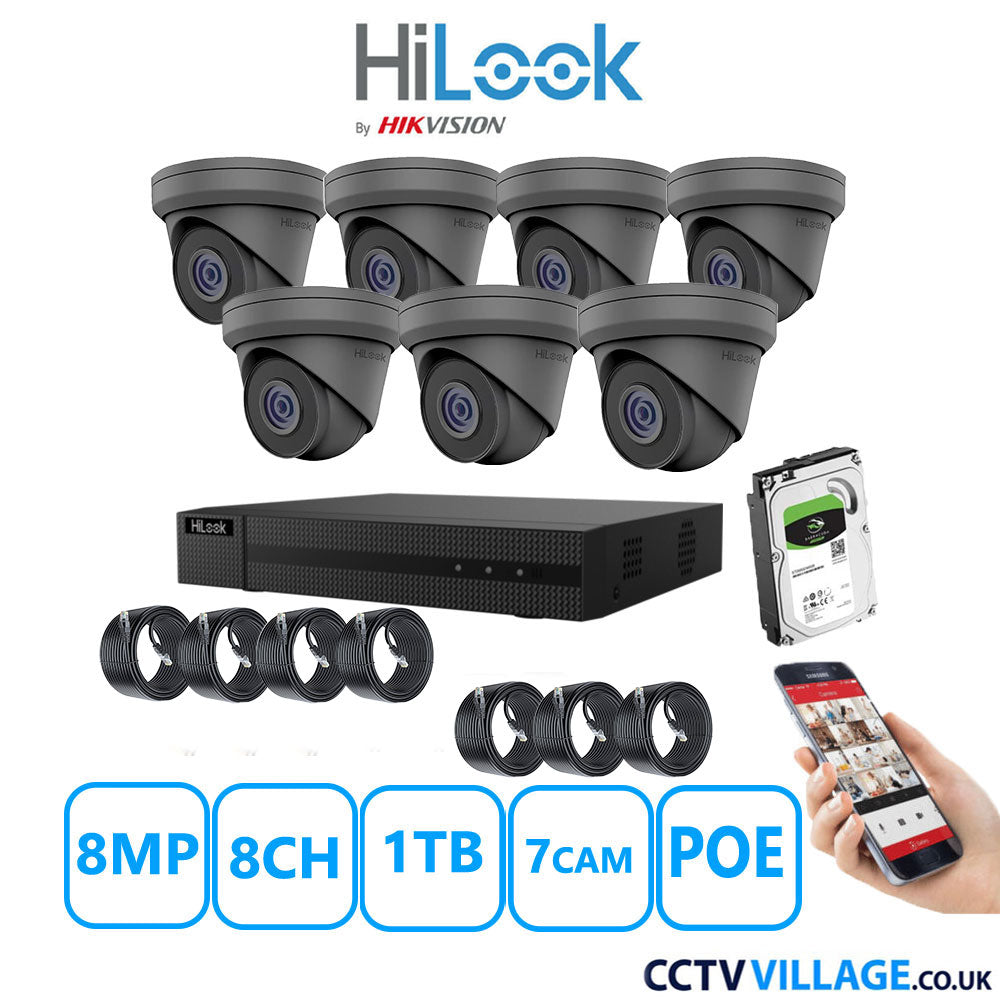 HiLook 8MP IP CCTV System 8 Channel NVR-108MH-C/8P with 7x Turret Cameras IPC-T280H-MUF Grey 1TB HDD Full Kit