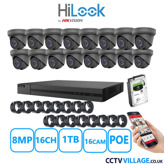 HiLook 8MP IP CCTV System 16 Channel NVR-216MH-C/16P with 16x Turret Cameras IPC-T280H-MUF Grey 1TB HDD Full Kit