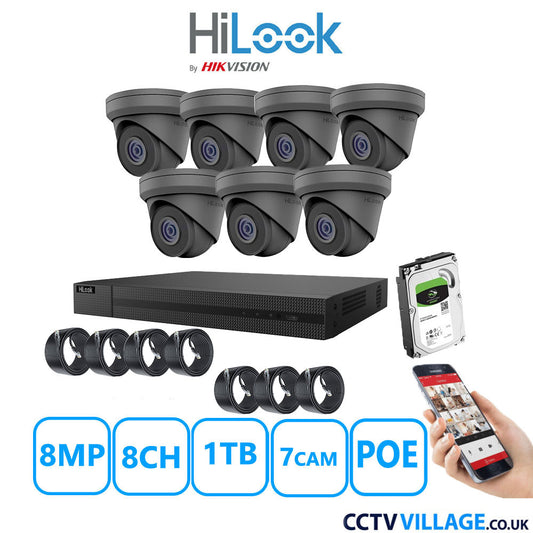 HiLook 8MP IP CCTV System 8 Channel NVR-208MH-C/8P with 7x Turret Cameras IPC-T280H-MUF Grey 1TB HDD Full Kit