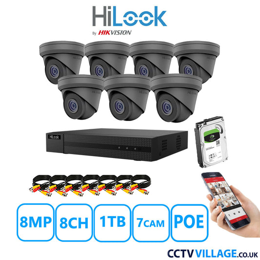 HiLook 8MP CCTV Kit 8 Channel NVR-108MH-C/8P with 7x Turret Cameras IPC-T280H-MUF Grey 1TB HDD Full Kit