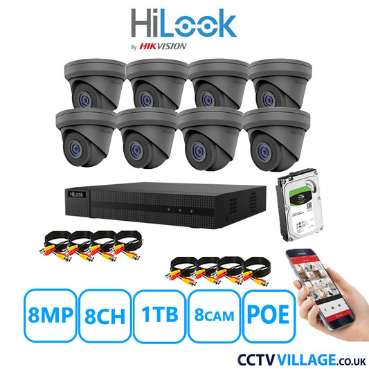 HiLook 8MP CCTV Kit 8 Channel NVR-108MH-C/8P with 8x Turret Cameras IPC-T280H-MUF Grey 1TB HDD Full Kit