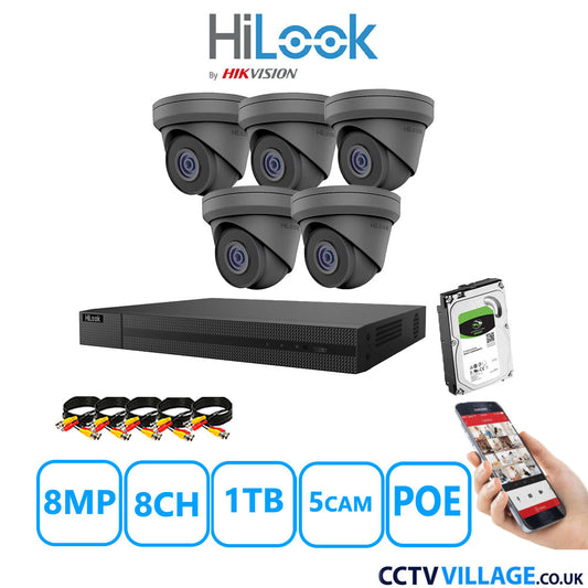 HiLook 8MP CCTV Kit 8 Channel NVR-208MH-C/8P with 5x Turret Cameras IPC-T280H-MUF Grey 1TB HDD Full Kit