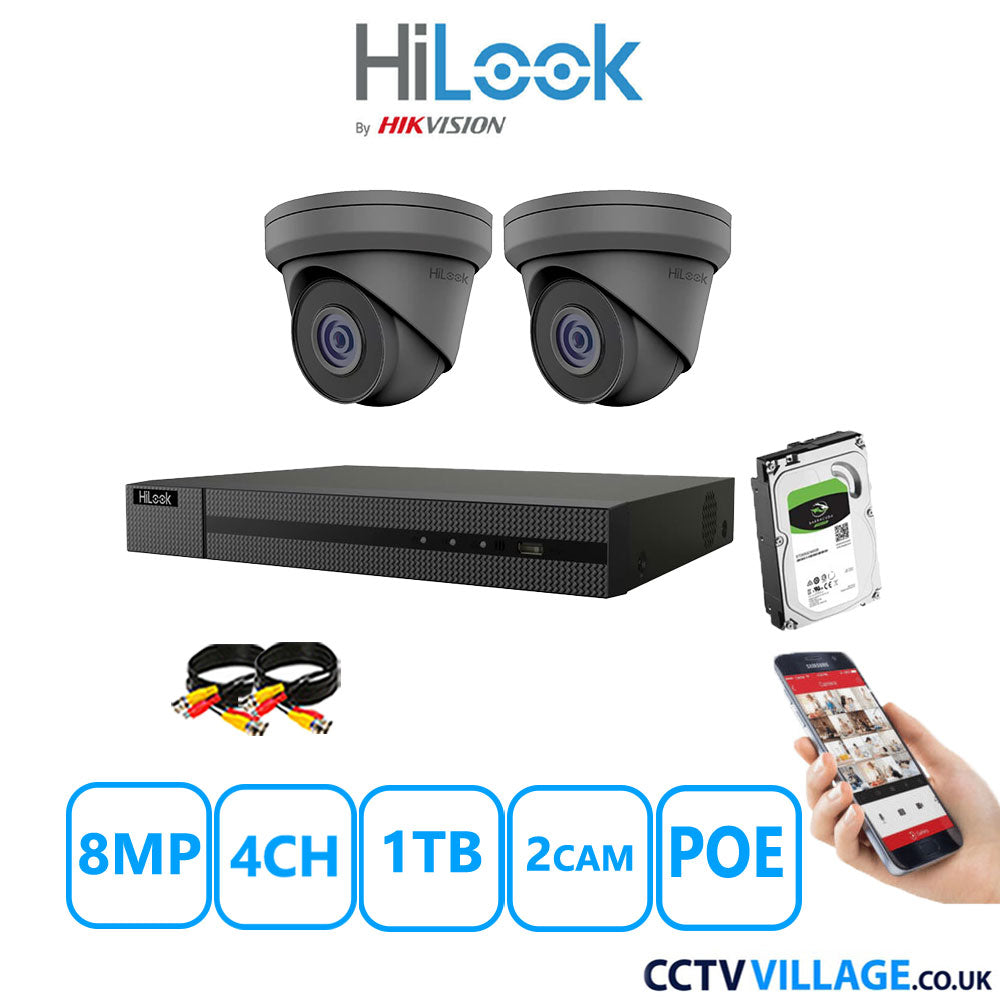 HiLook 8MP CCTV Kit 4 Channel NVR-104MH-C/4P with 2x Turret Cameras IPC-T280H-MUF Grey 1TB HDD Full Kit