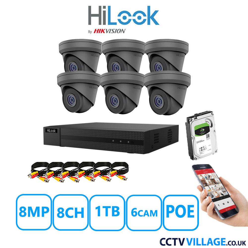 HiLook 8MP CCTV Kit 8 Channel NVR-108MH-C/8P with 6x Turret Cameras IPC-T280H-MUF Grey 1TB HDD Full Kit