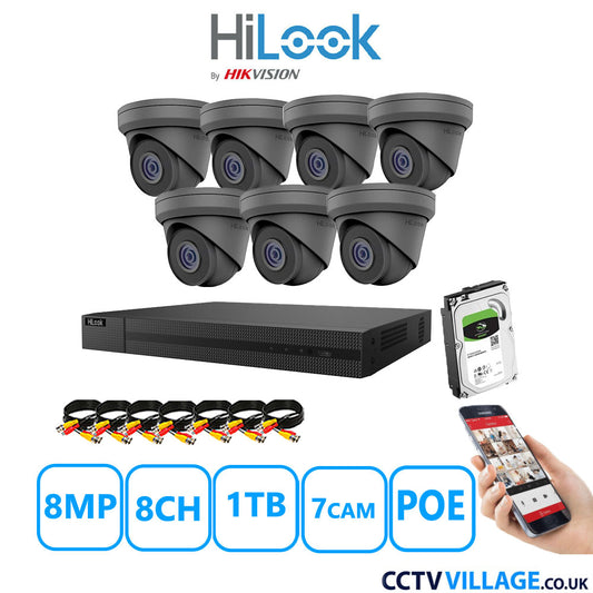 HiLook 8MP CCTV Kit 8 Channel NVR-208MH-C/8P with 7x Turret Cameras IPC-T280H-MUF Grey 1TB HDD Full Kit