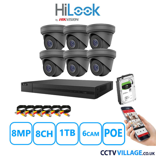 HiLook 8MP CCTV Kit 8 Channel NVR-208MH-C/8P with 6x Turret Cameras IPC-T280H-MUF Grey 1TB HDD Full Kit