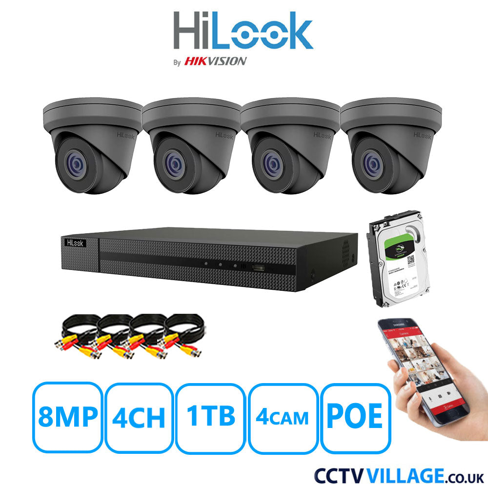 HiLook 8MP CCTV Kit 4 Channel NVR-104MH-C/4P with 4x Turret Cameras IPC-T280H-MUF Grey 1TB HDD Full Kit