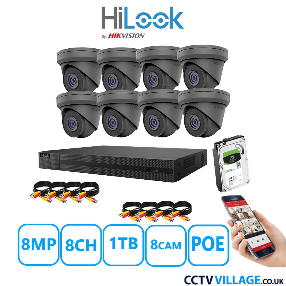 HiLook 8MP CCTV Kit 8 Channel NVR-208MH-C/8P with 8x Turret Cameras IPC-T280H-MUF Grey 1TB HDD Full Kit