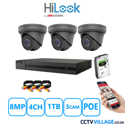 HiLook 8MP CCTV Kit 4 Channel NVR-104MH-C/4P with 3x Turret Cameras IPC-T280H-MUF Grey 1TB HDD Full Kit