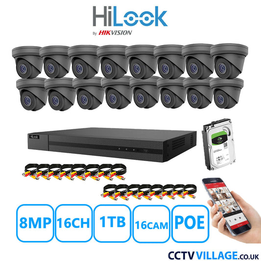 HiLook 8MP CCTV Kit 16 Channel NVR-216MH-C/16P with 16x Turret Cameras IPC-T280H-MUF Grey 1TB HDD Full Kit