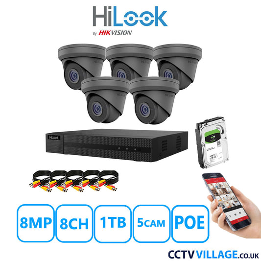 HiLook 8MP CCTV Kit 8 Channel NVR-108MH-C/8P with 5x Turret Cameras IPC-T280H-MUF Grey 1TB HDD Full Kit