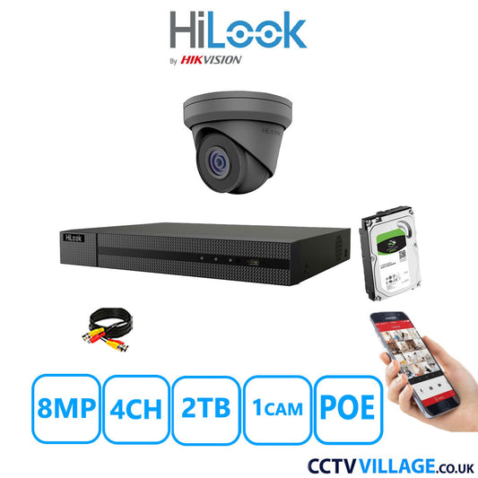 HiLook 8MP CCTV Kit 4 Channel NVR-104MH-C/4P with 1x Turret Camera IPC-T280H-MUF Grey 2TB HDD Full Kit