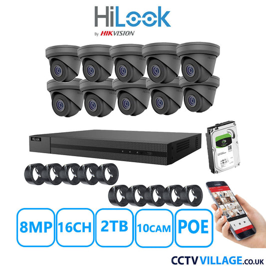 HiLook 8MP IP CCTV System 16 Channel NVR-216MH-C/16P with 10x Turret Cameras IPC-T280H-MUF Grey 2TB HDD Full Kit