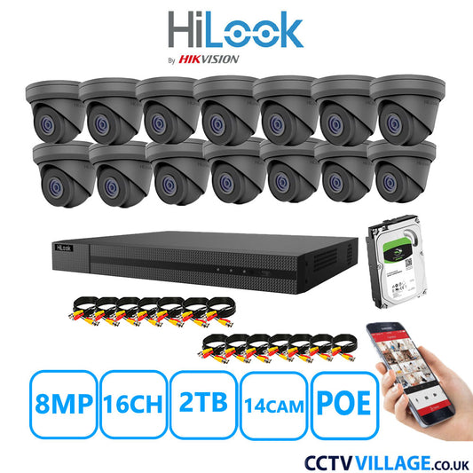 HiLook 8MP IP CCTV System 16 Channel NVR-216MH-C/16P with 14x Turret Cameras IPC-T280H-MUF Grey 2TB HDD Full Kit