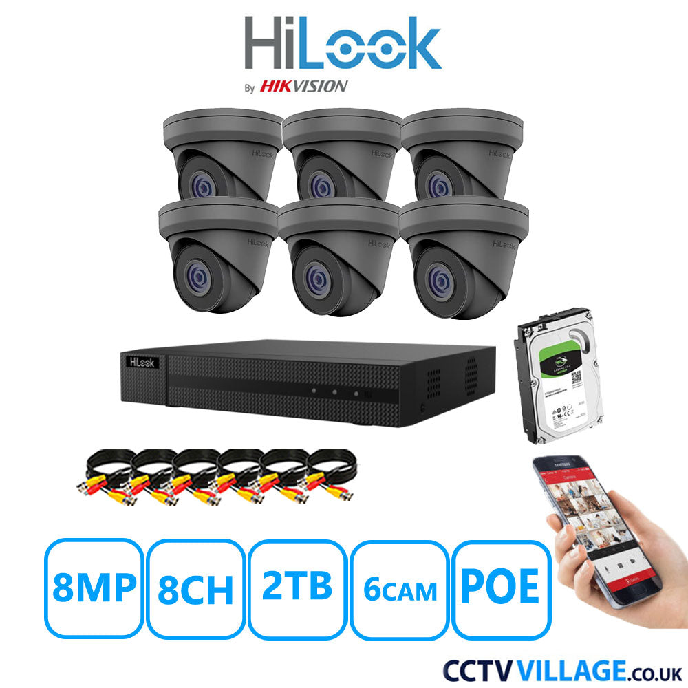 HiLook 8MP CCTV Kit 8 Channel NVR-108MH-C/8P with 6x Turret Cameras IPC-T280H-MUF Grey 2TB HDD Full Kit