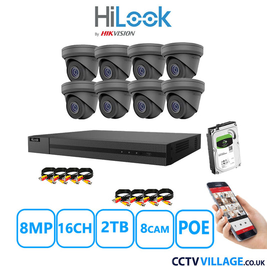 HiLook 8MP CCTV Kit 16 Channel NVR-216MH-C/16P with 8x Turret Cameras IPC-T280H-MUF Grey 2TB HDD Full Kit