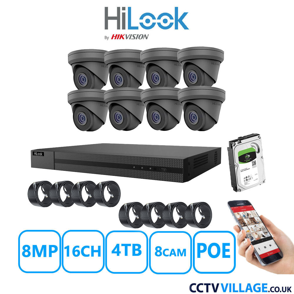 HiLook 8MP IP CCTV System 16 Channel NVR-216MH-C/16P with 8x Turret Cameras IPC-T280H-MUF Grey 4TB HDD Full Kit