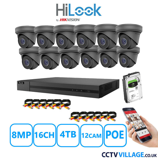 HiLook 8MP IP CCTV System 16 Channel NVR-216MH-C/16P with 12x Turret Cameras IPC-T280H-MUF Grey 4TB HDD Full Kit