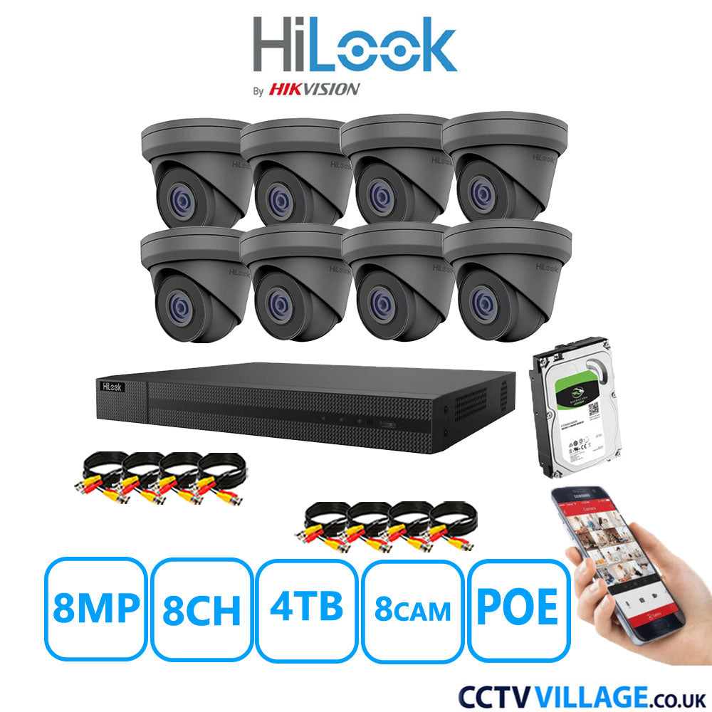 HiLook 8MP CCTV Kit 8 Channel NVR-208MH-C/8P with 8x Turret Cameras IPC-T280H-MUF Grey 4TB HDD Full Kit