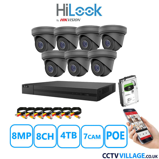 HiLook 8MP CCTV Kit 8 Channel NVR-208MH-C/8P with 7x Turret Cameras IPC-T280H-MUF Grey 4TB HDD Full Kit