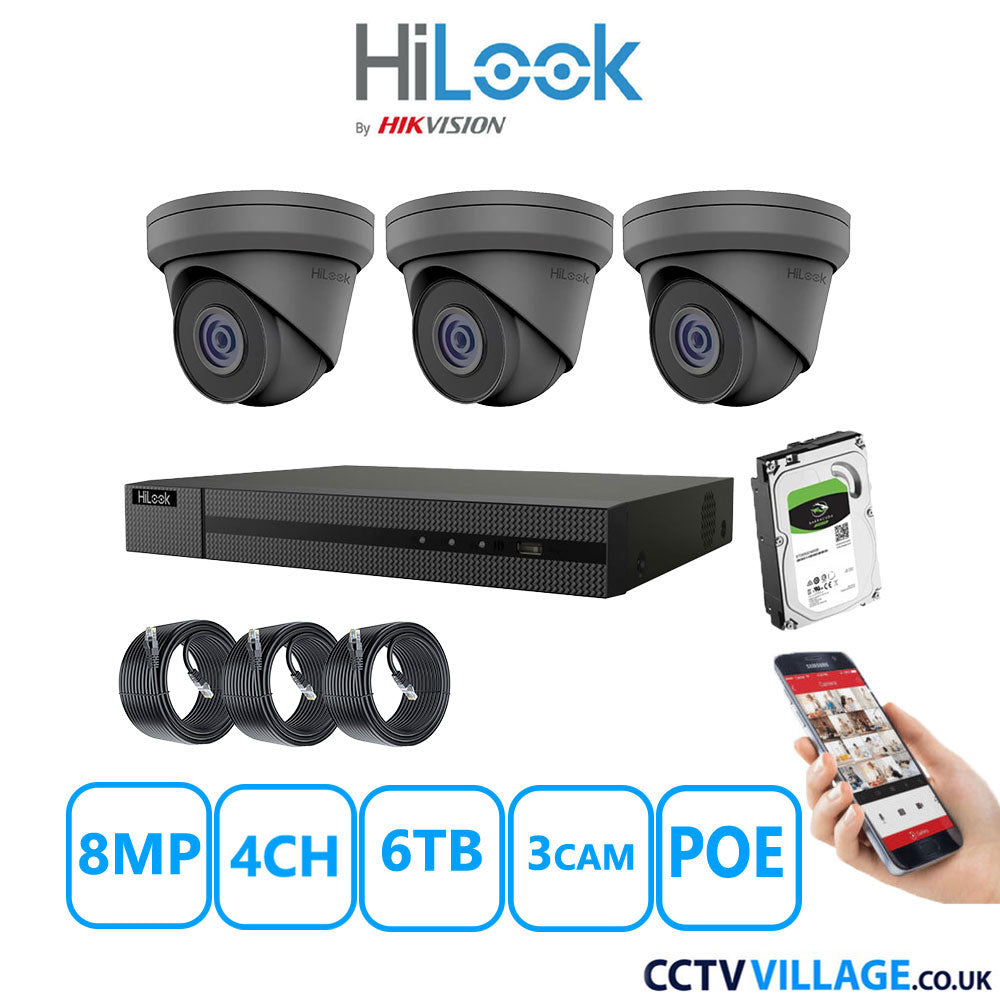 HiLook 8MP IP CCTV System 4 Channel NVR-104MH-C/4P with 3x Turret Cameras IPC-T280H-MUF Grey 6TB HDD Full Kit