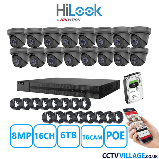 HiLook 8MP IP CCTV System 16 Channel NVR-216MH-C/16P with 16x Turret Cameras IPC-T280H-MUF Grey 6TB HDD Full Kit