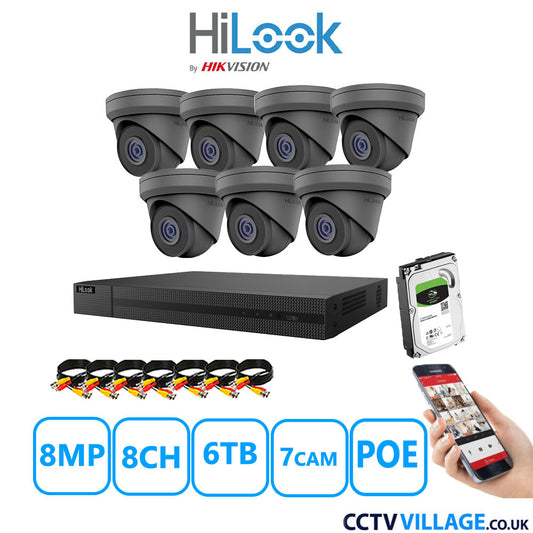 HiLook 8MP CCTV Kit 8 Channel NVR-208MH-C/8P with 7x Turret Cameras IPC-T280H-MUF Grey 6TB HDD Full Kit