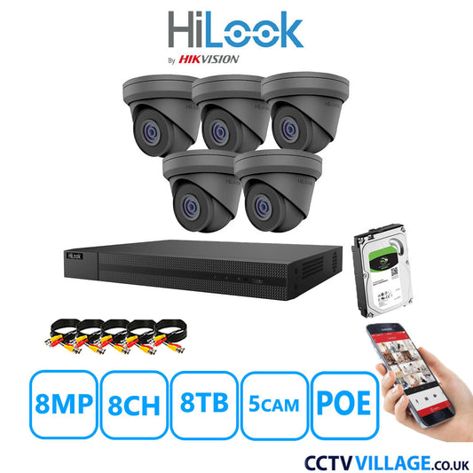 HiLook 8MP CCTV Kit 8 Channel NVR-208MH-C/8P with 5x Turret Cameras IPC-T280H-MUF Grey 8TB HDD Full Kit