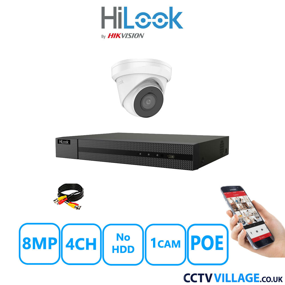 HiLook 8MP CCTV Kit 4 Channel NVR-104MH-C/4P with 1x Turret Camera IPC-T280H-MUF White No HDD Full Kit